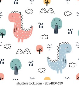 Dinosaur and tree seamless pattern Hand drawn cute cartoon animal background in children style design used for print, wallpaper, decoration, fabric, textile Vector Illustration