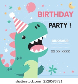 Dinosaur T-Rex Birthday Party Card,rex baby, Cute Dinosaur Cartoon Character Isolated Flat Vector Illustration