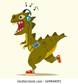 Dinosaur T-Rex in headphones with a player doing fitness in sneakers. Vector cartoon illustration.