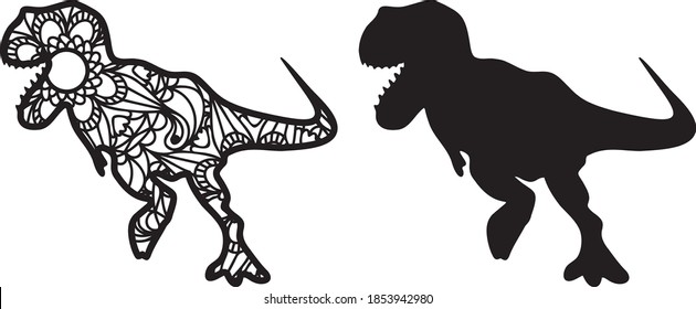 Dinosaur t-rex mandala and silhouette isolated in white background. Dinosaur Mandala vector cut file. Vector illustration.