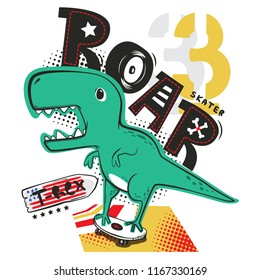 Dinosaur t-rex rides on skateboard isolated on white background illustration vector, T-shirt design for print.