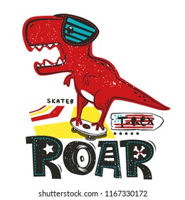 Dinosaur t-rex rides on skateboard isolated on white background illustration vector, T-shirt design for print.