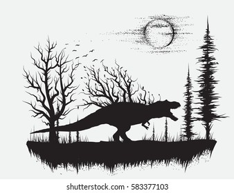 dinosaur t-rex in strange forest.Silhouette design.Vector illustration