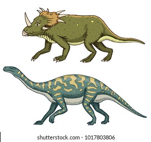 Dinosaur Triceratops, Barosaurus, Apatosaurus, Tenontosaurus Plateosaurus, broad lizard, Massospondylus, Diplodocus, Brachiosaurus, skeletons, fossils. Prehistoric reptiles, Animal Hand drawn vector
