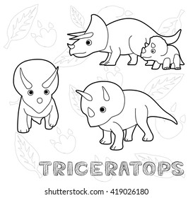 Dinosaur Triceratops Cartoon Vector Illustration Monochrome