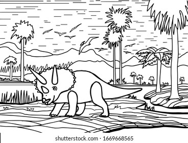 Dinosaur triceratops coloring book for children and adults.Stylish hand drawn antistress coloring page. Vector outline T Rex illustration.Design for wallpapers.Children coloring.Wild nature.Zen style.