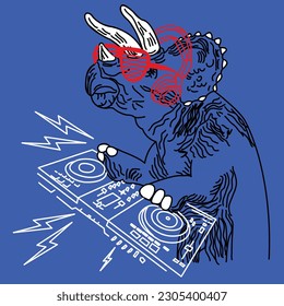 DINOSAUR TRICERATOPS DJ WEARING GLASSES MIXING MUSIC