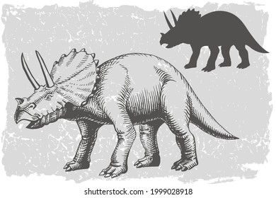 Dinosaur triceratops grafic hand drawn and silhouette illustration
