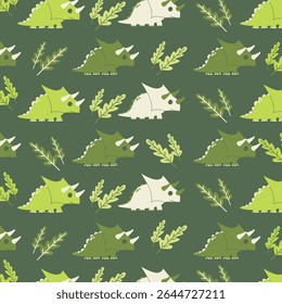 dinosaur triceratops seamless green illustration vector cute design for kids apparel. This design is suitable for children's clothing textile industry