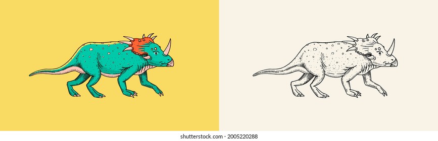 Dinosaur Triceratops, skeletons, fossils. Prehistoric reptiles, Animal. Engraved vintage Hand drawn sketch for t-shirt print or poster.
