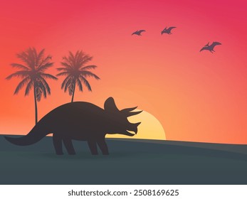 dinosaur, triceratops at sunset vector illustration