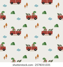 Dinosaur in truck tree cartoon so cute. On tree mountain cloud background. Pattern seamless vector illustration. 