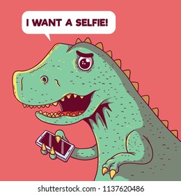 Dinosaur trying to take a selfie vector illustration. Selfie, technology, future, social media, connected, sharing design concept