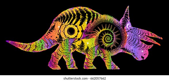 Dinosaur t-shirt design, Triceratops double exposure tattoo art. Symbol of archeology, paleontology 