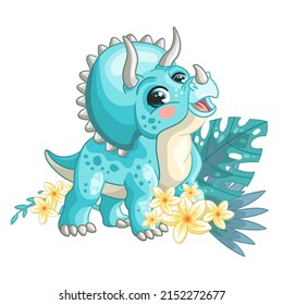 Dinosaur turquoise triceratops with exotic plants. Cute cartoon character. Vector illustration isolated on white background. For print, design, cards, t-shirt and textiles, decor, sublimation.