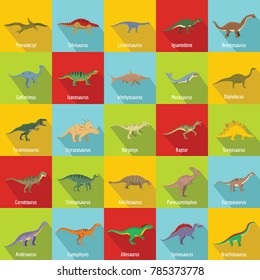 Dinosaur types signed name icons set. Flat illustration of 25 dinosaur types signed name vector icons for web