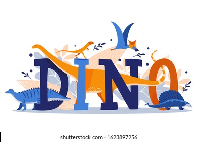 Dinosaur typography poster, dino world book cover, prehistoric animals vector illustration. Natural history museum exposition, Jurassic period dinosaurs in flat cartoon design, prehistoric creatures