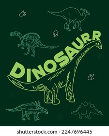 "Dinosaur" typography. Dinosaur skeleton illustration. Dinosaur fossil vector illustration