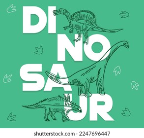 "Dinosaur" typography. Dinosaur skeleton illustration. Dinosaur fossil vector illustration