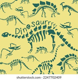 "Dinosaur" typography. Dinosaur skeleton illustration. Dinosaur fossil vector illustration