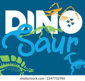 "Dinosaur" typography. Dinosaur skeleton illustration. Dinosaur fossil vector illustration