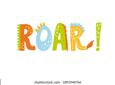 Tipografía de dinosaurio, diseño gráfico de camisetas con textil de letras a mano Roar, ilustración vectorial para niño de dino