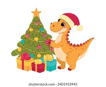 Dinosaur Tyrannosaur decorates a Christmas tree for the New Year and Christmas, vector flat illustration