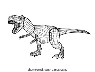 Dinosaur tyrannosaur isolated on white background. Coloring book for children and adults. Vector outline t Rex illustration. Hand drawn antistress coloring page. Design for wallpapers, tattoo, print.