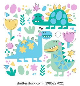 Dinosaur: Tyrannosaurus, Diplodocus, Brontosaurus. Cartoon animals. Plants: flowers and leaves. Doodle figures. Isolated vector objects on a white background. Set.