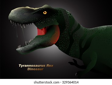 Dinosaur Tyrannosaurus head close up at night.