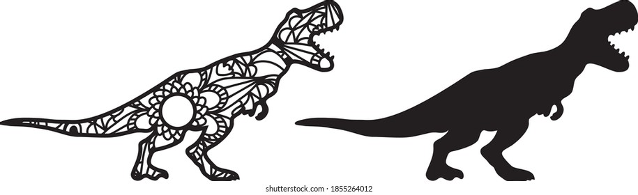 Dinosaur tyrannosaurus mandala and silhouette isolated in white background. Dinosaur Mandala vector cut file. Vector illustration.