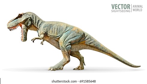 Dinosaur Tyrannosaurus Rex. Prehistoric reptile. Ancient predator. Aggressive beast. Terrible, angry lizard Polynesian era. Green gigantic monster. Animal Jurassic with big teeth. Vector illustration.