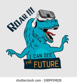 Dinosaur Tyrannosaurus Rex with virtual glasses. Graphic tee. vector design for t-shirt printing and embroidery apparel. 