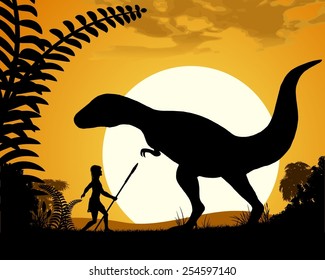 Dinosaur Tyrannosaurus. Dinosaur silhouette on sunset background. Vector illustration. 