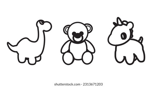  Dinosaur, Unicorn and Teddy bear vector icon. Filled flat sign for mobile concept and web design. Baby dolls icon. Symbol, logo illustration. Vector graphics