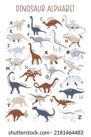 Dinosaur vector ABC alphabet for children and as education resources. Cute colorful poster with hand drawn cartoon cute dinosaurs and letters compositions. 