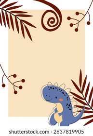 Dinosaur vector card template. Children's set with cute dinosaurs and various elements. Dino baby colorful background