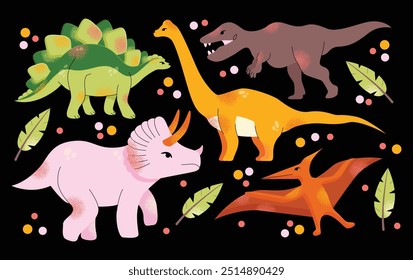 Dinosaur vector clipart. Children's collection with cute dinosaurs and various elements. Dino baby. Colorful cute illustration isolated on background