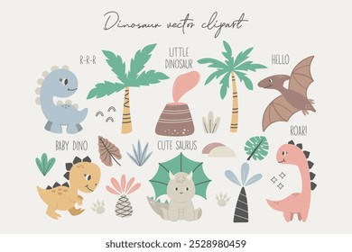 Dinosaur vector clipart. Children's collection includes cute dinosaurs, palm trees, volcano, inscriptions and various elements. Cute dino baby. Colorful baby illustration.