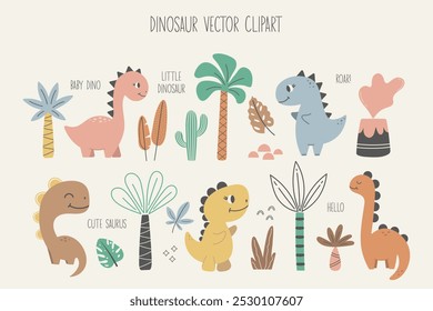 Clipart de Vector de dinosaurio. La colección para niños incluye lindos dinosaurios, palmeras, volcanes, inscripciones y varios Elementos. Lindo bebé dino. Сilustración colorida de la historieta.