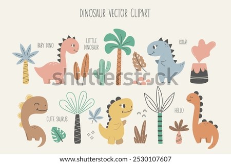 Dinosaur vector clipart. Children's collection includes cute dinosaurs, palm trees, volcano, inscriptions and various elements. Cute dino baby. Сartoon colorful illustration.