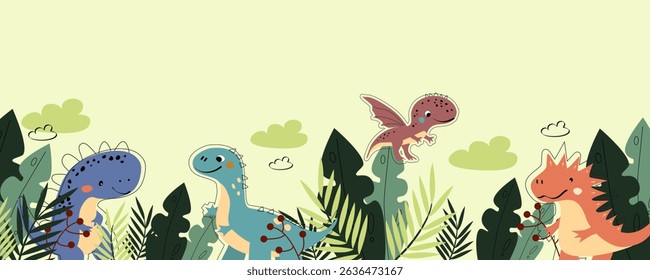 Dinosaur vector clipart. Children's set with cute dinosaurs and various elements. Dino baby colorful background