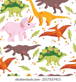 Dinosaur vector clipart seamless pattern. Children's collection with cute dinosaurs and various elements. Dino baby. Colorful cute illustration isolated on background