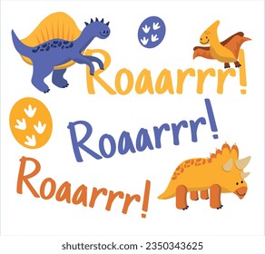 Dinosaur Vector. Cute dinosaur vectors, roar, pattern. Tshirt design