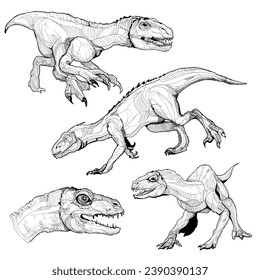 Dinosaur vector drawing set. Raptor sketch.