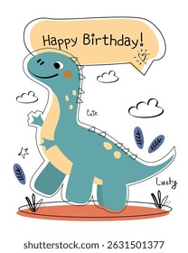 Dinosaur vector funny birthday card. Children's card with cute green dinosaurs and text Happy Birthday. Dino baby colorful illustration in naive style on white background
