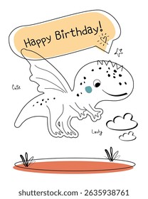 Dinosaur vector funny birthday card. Children's card with cute flying dinosaurs in line style. Dino baby illustration in naive style for coloring book