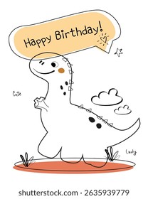 Dinosaur vector funny birthday card. Children's card with cute dinosaurs in line style. Dino baby illustration in naive style for coloring book