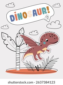 Dinosaur vector funny card. Children's card with cute flying dinosaurs in line style. Dino baby color illustration in naive style