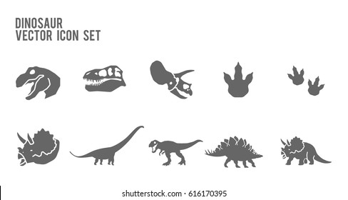 Dinosaur Vector Icon Set. Included The Icons As Footprint, Trex, Tyrannosaurus, Triceratop, Skeleton, Stegosaurus, Brachiosaurus And More.